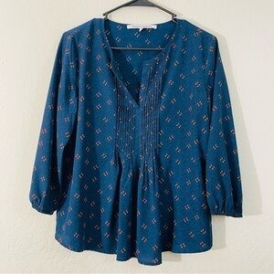 Collective Concepts Teal Printed Pintuck Peasant Blouse